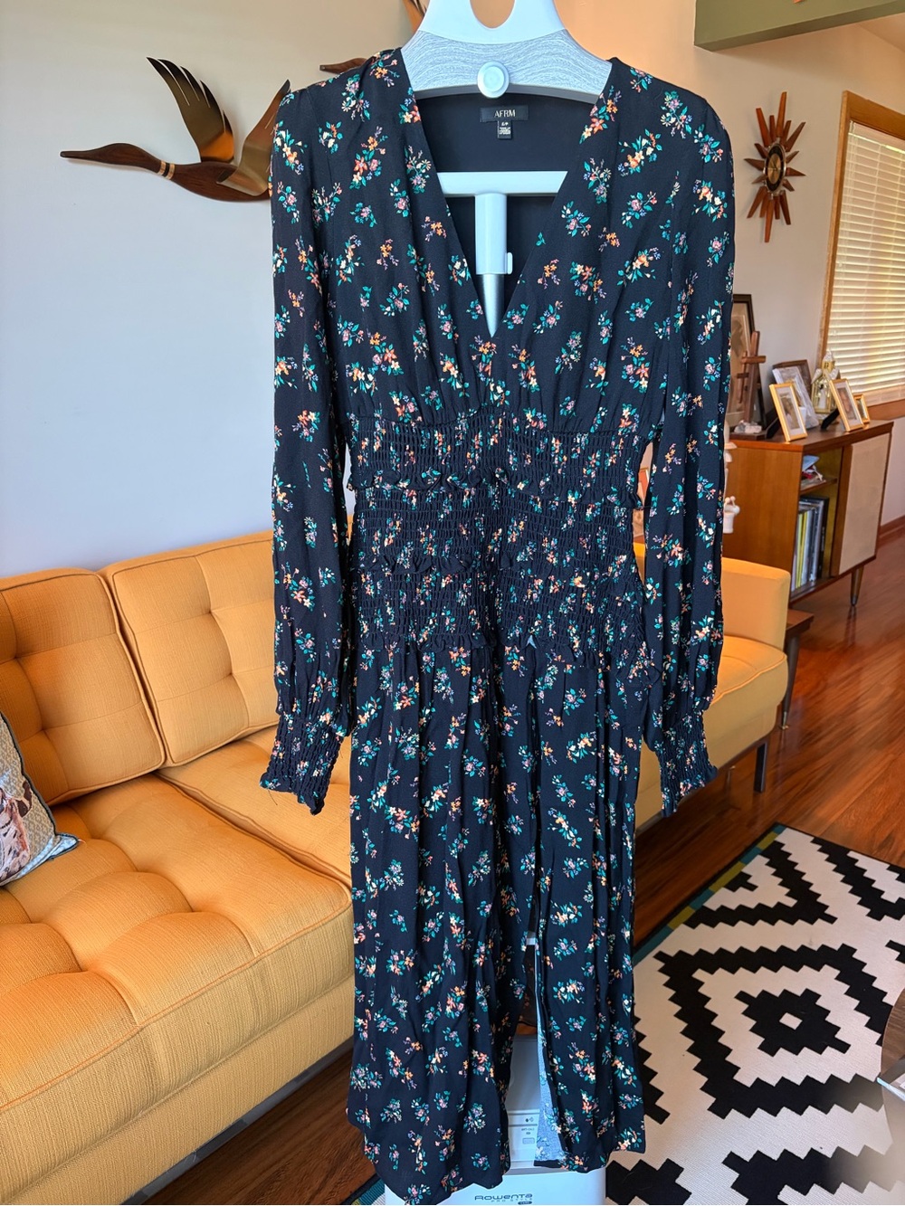 AFRM Black Floral Smocked V-Neck Long Sleeve Maxi Dress